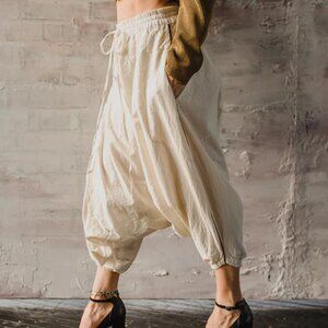 Buddha Pants Womens Elastic Waist Drawcord Boho Hippie O.G Harem Pants Beige